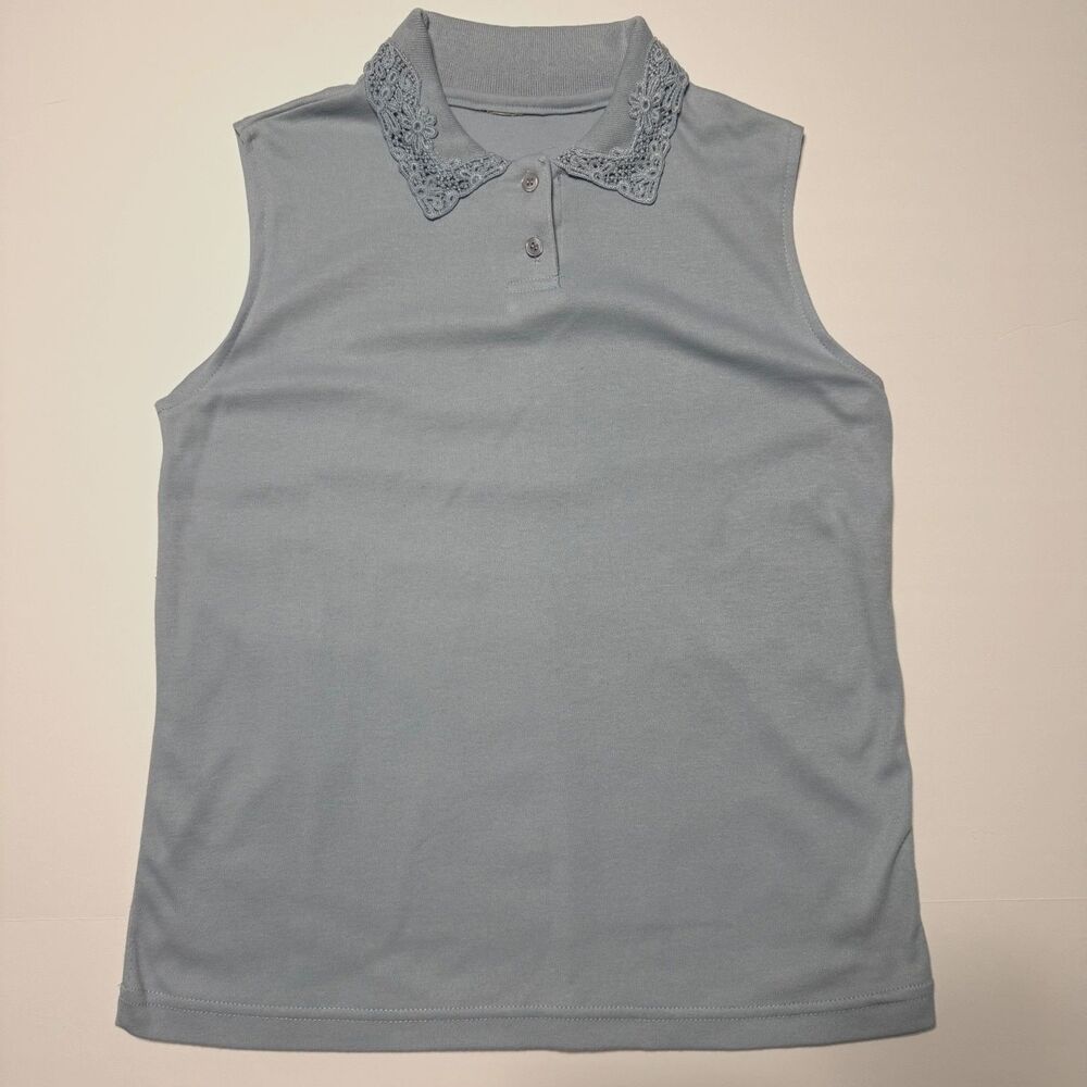 Vintage Style Blue Sleeveless Knit Top Lace Collar Cottagecore Grandmacore Women